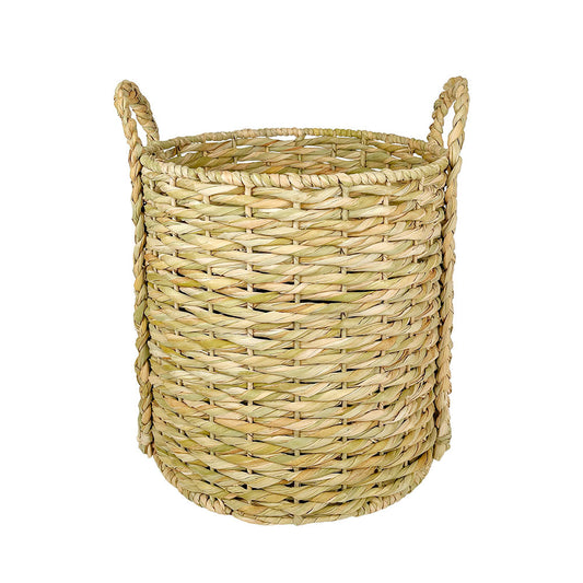 Twisted woven bulrush basket with braided handle