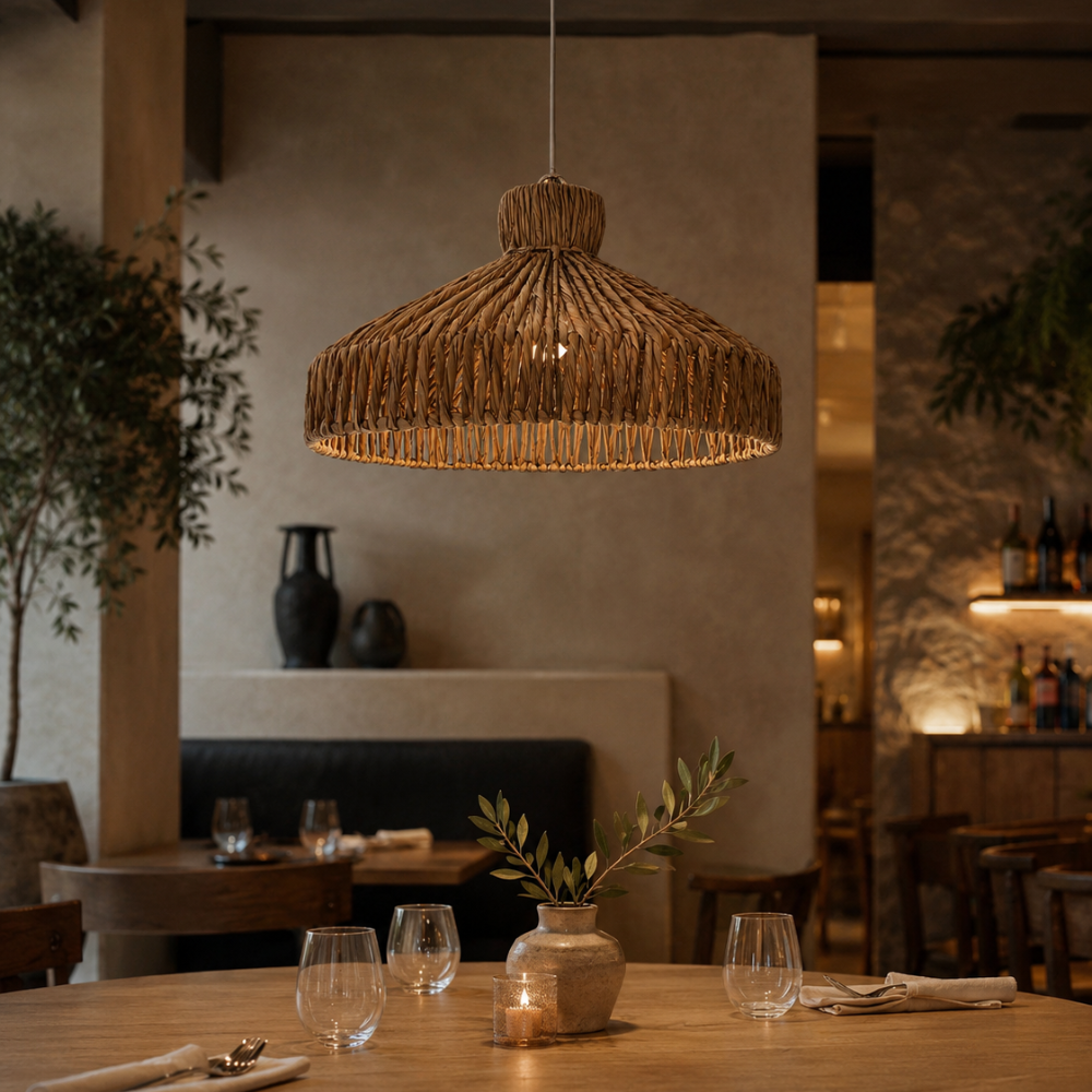Pendant lamp made of cattail. ARRECIFE